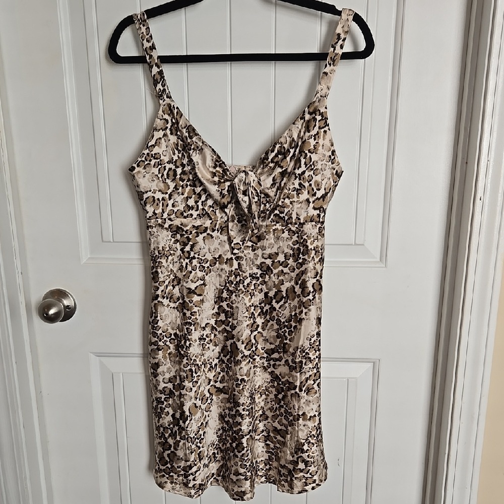 American Threads Leopard Print Mini Slip Dress Adjustable Straps Bow Bikercore